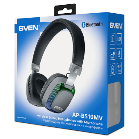 Беспроводные Bluetooth наушники с микрофоном и RGB-подсветкой SVEN AP-B510MV, регул. громк., черно-серый